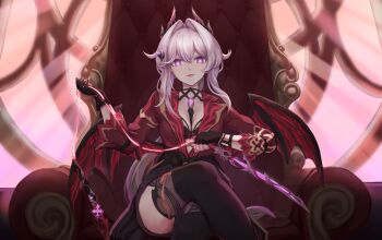 1girl absurdres black_bra black_gloves black_horns bra breasts bright_pupils crococo gloves hair_between_eyes hair_intakes highres honkai_(series) honkai_impact_3rd horns jacket large_breasts long_hair looking_at_viewer official_alternate_costume purple_eyes red_jacket smile solo thelema_nutriscu thelema_nutriscu_(gentle_is_the_night) underwear very_long_hair white_hair white_pupils