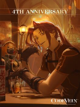 1boy 1girl absurdres alcohol artist_request bikini bikini_top_only black_bikini bottle chest_harness coat code_vein copyright_logo copyright_name cropped_jacket cup drinking_glass fingerless_gloves gloves green_coat harness highres ice lantern logo looking_at_viewer mask masked mouth_mask murasame_rin_(code_vein) one_eye_closed open_mouth orange_hair ponytail red_hair rin_murasame short_sleeves swimsuit yakumo_(code_vein)