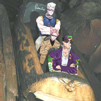 3boys amusement_park black_hair cherry_earrings coat earrings flattop food-themed_earrings food_themed_earrings hat highres jean_pierre_polnareff jewelry jojo_no_kimyou_na_bouken kakyoin_noriaki kuujou_joutarou long_coat long_sleeves male_focus mixed-language_commentary multiple_boys muscular muscular_male photo-referenced red_hair salten_fish scar scar_across_eye scar_on_face stone_ocean sunglasses tall_hair white_hair