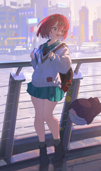 1girl absurdres amate_yuzuriha aqua_eyes aqua_shirt aqua_skirt bag black_shoes blush cityscape collared_shirt commentary_request fence full_body gundam gundam_gquuuuuux hair_between_eyes highres holding holding_bag holding_phone iron_fence long_sleeves looking_at_viewer looking_to_the_side necktie non-humanoid_robot open_mouth outdoors phone poem1025 red_hair river robot school_bag school_uniform shirt shoes short_hair shoulder_bag skirt socks solo standing sweater two-tone_necktie
