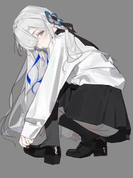 1girl absurdres black_skirt commentary flower grey_background hair_flower hair_ornament hair_over_one_eye highres isekaijoucho kamitsubaki_studio kneehighs loafers long_hair looking_at_viewer panties pantyshot pleated_skirt rosehip_t72 school_uniform serafuku shirt shoes simple_background sketch skirt socks solo squatting symbol-only_commentary underwear white_hair white_panties white_shirt