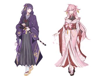 2girls absurdres alternate_costume alternate_hairstyle animal_ear_piercing animal_ears blunt_bangs braid cherry_blossoms chinese_commentary closed_mouth commission couple eyeliner falling_petals fox_ears fox_girl bad_tag full_body genshin_impact hair_between_eyes hair_ornament head_tilt highres japanese_clothes kimono light_smile long_braid long_hair long_sleeves looking_at_viewer looking_to_the_side makeup mitsudomoe_(shape) mole mole_under_eye multiple_girls neck_ribbon off_shoulder petals pink_kimono pink_petals pink_ribbon purple_eyes purple_hair purple_kimono purple_ribbon raiden_shogun red_eyeliner red_sash ribbon sash second-party_source simple_background single_braid siyanghuasanke sleeveless socks standing toes tomoe_(symbol) white_background white_socks wide_sleeves yae_miko yuri