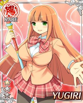 1girl :d black_pantyhose border bow bowtie breasts card_(medium) english_text game_cg green_eyes hime_cut holding holding_microphone_stand jacket large_breasts looking_at_viewer microphone_stand non-web_source official_alternate_costume official_art open_mouth orange_hair orange_jacket outstretched_arm pantyhose plaid_bow plaid_bowtie plaid_clothes plaid_skirt red_bow red_bowtie red_skirt school_uniform senran_kagura senran_kagura_new_wave skirt smile solo yugiri_(senran_kagura)