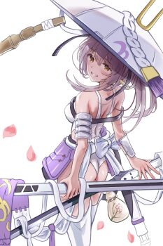 1girl armor ass breasts clothing_cutout falling_petals from_behind goddess_of_victory:_nikke gourd grey_hair hat highres holding holding_weapon japanese_armor jingasa kote large_hat leotard long_hair lunati_nikke medium_breasts petals scarlet_(nikke) shoulder_armor sode solo sword weapon weapon_on_back white_background white_leotard yellow_eyes