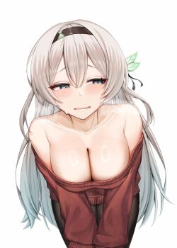 1girl black_pantyhose black_ribbon blush breasts brown_hairband cleavage cosplay firefly_(honkai:_star_rail) gradient_eyes gradient_hair green_pupils grey_hair hair_between_eyes hair_intakes hair_ornament hairband hatsupainting highres honkai:_star_rail honkai_(series) large_breasts long_hair looking_to_the_side multicolored_eyes multicolored_hair open_mouth pantyhose red_sweater ribbon simple_background solo squinting sweatdrop sweater white_background yor_briar yor_briar_(cosplay)