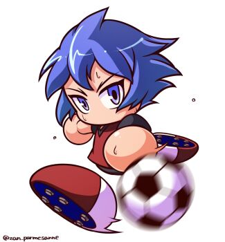 Rule 34 | 1girl, ball, black pants, black shirt, blue hair, commentary request, highres, jikkyou powerful pro yakyuu, jikkyou powerful pro yakyuu (style), jikkyou powerful soccer, multicolored shirt, no mouth, pants, parmesan (zan parmesanne), playing sports, power pro appli, purple eyes, rayman limbs, red shirt, running, saeki hajime, shirt, short hair, soccer ball, soccer uniform, solo, sportswear, sweatdrop, twitter username, white background