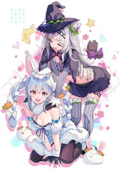 2girls absurdres animal_ear_fluff animal_ears arched_bangs black_capelet black_gloves blue_hair blush braid breasts capelet carrot_hair_ornament closed_eyes commentary_request food-themed_hair_ornament full_body fur-trimmed_gloves fur_trim gloves grey_hair hair_bun hair_ornament haruhina_purple hat highres hololive kneeling layered_capelet long_hair long_sleeves multicolored_hair multiple_girls murasaki_shion murasaki_shion_(1st_costume) open_mouth pantyhose purple_capelet rabbit_ears rabbit_girl shirt short_eyebrows side_up_bun single_side_bun skirt striped_clothes striped_shirt thick_eyebrows twin_braids twintails two-tone_hair usada_pekora usada_pekora_(1st_costume) vertical-striped_clothes vertical-striped_shirt virtual_youtuber white_hair witch_hat