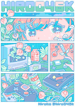 Rule 34 | 1girl, absurdres, artist name, blue eyes, blush, can, commentary request, controller, crt, drink can, drink carton, flower, game boy, game cartridge, game console, game controller, grid background, handheld game console, highres, hiro046k, holding, holding controller, holding game controller, leaf, milk carton, nintendo 64, original, pink flower, pink hair, pink rose, plant, potted plant, rabbit, rose, sparkle, twitter username