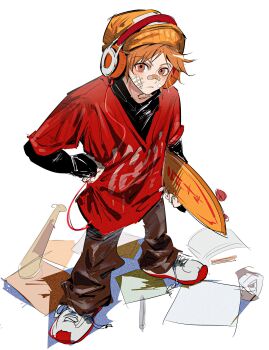 Rule 34 | 1boy, 26duuuu, alternate costume, bandaid, bandaid on face, bandaid on nose, beanie, black pants, black shirt, brown eyes, brown hair, closed mouth, full body, gauze, gauze on cheek, hanamura yousuke, hat, headphones, highres, holding, holding skateboard, layered sleeves, long sleeves, male focus, orange hat, pants, paper, parted bangs, persona, persona 4, red shirt, shirt, shoelaces, shoes, short hair, short over long sleeves, short sleeves, skateboard, sketch, sneakers, solo, standing, v-neck, white background