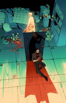 bat_signal batman_(series) batman_symbol black_bodysuit black_gloves black_hair blue_eyes bodysuit brown_jacket cape cokaleee dc_comics domino_mask eye_mask gloves grey_bodysuit highres holding jacket jason_todd male_focus mask multicolored_bodysuit multicolored_hair multiple_boys muscular muscular_male open_clothes pants red_hood_(dc) red_hood_and_the_outlaws red_mask robin_(dc) short_hair superhero_costume taut_bodysuit the_joker two-tone_bodysuit yellow_cape