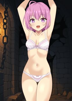 1girl ahoge armpits arms_up bare_arms bare_legs breasts chain choujin_koukousei-tachi_wa_isekai_demo_yoyuu_de_ikinuku_you_desu! collarbone commentary_request commission dungeon highres indoors looking_at_viewer navel pink_eyes pink_hair pixiv_commission sarutobi_shinobu shimouki_izui short_hair small_breasts smile solo standing thigh_gap underwear underwear_only