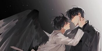 Rule 34 | 2boys, black coat, black eyes, black hair, black shirt, black wings, coat, demon horns, feathered wings, hand on another's neck, horns, imminent kiss, kim dokja, kkkktzr1, looking at another, male focus, multiple boys, official alternate costume, omniscient reader's viewpoint, open clothes, open coat, popped collar, shirt, short hair, white coat, wings, yaoi, yoo joonghyuk