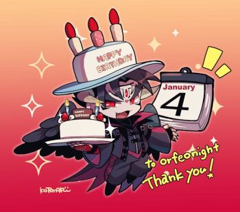 1boy birthday_cake black_jacket black_pants black_wings cake cake_hat calendar_(object) candle chibi chibi_only commentary commission commissioner_name devil_jin english_commentary facial_mark fang food forehead_mark full_body gradient_background happy_birthday horns jacket kazama_jin kotomaru_(kotokoto_kottan) male_focus open_mouth pants red_eyes skeb_commission solo sparkle tekken thank_you thick_eyebrows wings