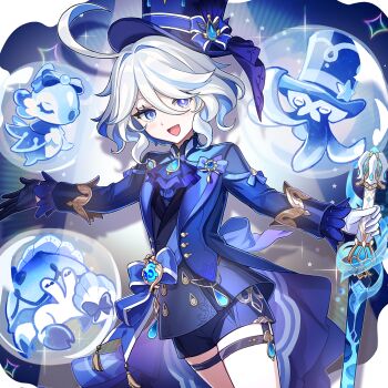 1girl :d absurdres ahoge ascot asymmetrical_gloves black_gloves blue_ascot blue_eyes blue_hair blue_hat blue_jacket blue_shorts colored_inner_hair cowboy_shot furina_(genshin_impact) genshin_impact gentilhomme_usher gloves grey_vest hair_between_eyes hair_intakes hat heterochromia highres holding holding_sword holding_weapon iruiru_popopo jacket looking_at_viewer mademoiselle_crabaletta mismatched_gloves mismatched_pupils multicolored_hair open_mouth short_shorts shorts smile solo surintendante_chevalmarin sword thigh_strap top_hat vest weapon white_gloves white_hair