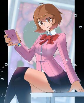 1girl absurdres black_skirt black_thighhighs blurry blurry_background blush bow bowtie breasts brown_eyes brown_hair cardigan character_charm charm_(object) closed_mouth collared_shirt commentary crossed_legs english_commentary feet_out_of_frame gekkoukan_high_school_uniform gen_4_pokemon gjh handheld_game_console highres holding holding_handheld_game_console long_sleeves looking_at_viewer medium_breasts miniskirt nintendo nintendo_ds persona persona_3 persona_3_reload pink_cardigan piplup pleated_skirt pokemon red_bow red_bowtie ribbed_cardigan school_uniform shirt short_hair sitting skirt smile solo takeba_yukari tarot the_lovers_(tarot) thighhighs water white_shirt