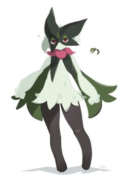 1other :3 a-pose androgynous animal_hands animal_nose artist_name bare_shoulders black_fur body_fur cape closed_mouth commentary fang flower full_body furry green_cape green_fur green_hair heart highres legs_apart light_blush looking_at_viewer mask meowscarada navel nintendo pokemon pokemon_(creature) red_eyes red_flower short_hair simple_background skin_fang solo standing tntl_nemui translated two-tone_fur white_background