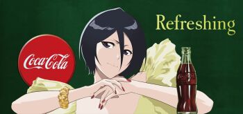 1girl black_hair bleach bleach:_sennen_kessen-hen bottle closed_mouth coca-cola dress english_text female_focus green_background kuchiki_rukia medium_hair nail_polish photo-referenced product_placement promotional_art scrunchie second-party_source simple_background soda soda_bottle upper_body wrist_scrunchie yellow_dress
