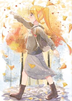 1girl ahoge autumn autumn_leaves backpack bag black_hoodie blonde_hair bocchi_the_rock! detached_ahoge falling_leaves feet_out_of_frame from_side ginkgo_leaf grey_skirt highres hood hoodie ijichi_nijika kunchacha leaf long_hair long_sleeves open_mouth outdoors outstretched_arm painting_(medium) profile red_eyes side_ponytail skirt smile solo traditional_media tree walking watercolor_(medium)