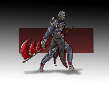 Rule 34 | 1boy, absurdres, alternate universe, armor, armor strap, armored bodysuit, armored boots, black background, black bodysuit, black sclera, blue bodysuit, bodysuit, bodysuit under clothes, boots, breastplate, colored sclera, commentary, cuisses, deadsoulart, drop shadow, english commentary, full body, gauntlets, gradient background, grey background, hidan (naruto), highres, holding, holding behind back, holding scythe, holding weapon behind back, looking at viewer, mask, multicolored bodysuit, naruto (series), naruto shippuuden, pauldrons, pelvic curtain, red background, red eyes, red trim, science fiction, scythe, shadow, shoulder armor, solo, square, triangle, two-tone bodysuit, white background