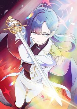 1girl absurdres ahoge black_boots black_hair black_shirt black_wings blue_archive boots dress_pants epaulettes feathered_wings fighting_stance formal_clothes gloves halo highres himmel_gewalt holding holding_sword holding_weapon ichika_(blue_archive) ichika_(suit)_(blue_archive) jacket knee_boots long_hair long_sleeves low_ponytail low_wings official_alternate_costume open_clothes open_jacket pants ponytail red_halo serious shirt solo suit swept_bangs sword unusually_open_eyes weapon white_gloves white_jacket white_pants white_suit wings