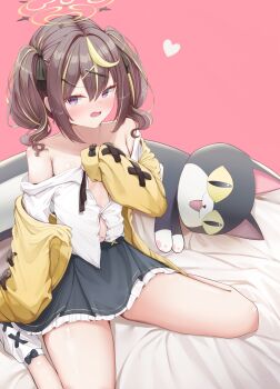 1girl absurdres arm_at_side armpit_crease bare_shoulders black_bow black_ribbon black_skirt blonde_hair blue_archive blush bow bow_legwear breasts brown_hair collarbone commentary covering_breasts covering_privates double-parted_bangs eyelashes fang frilled_skirt frills frown gyaru hair_intakes hair_ornament hair_ribbon hairclip halo hand_up heart highres jacket knees_out_of_frame looking_at_viewer medium_hair miniskirt multicolored_hair no_bra nomi_(gpjg7877) nose_blush open_clothes open_mouth open_shirt partially_unbuttoned pink_background purple_eyes rena_(blue_archive) ribbon school_uniform shiny_skin shirt sidelocks simple_background sitting skirt sleeve_bow sleeves_past_wrists small_breasts socks solo streaked_hair stuffed_animal stuffed_cat stuffed_toy thighs tsurime twintails two-tone_hair v-shaped_eyebrows wariza wavecat_(blue_archive) white_shirt white_socks x_hair_ornament yellow_halo yellow_jacket