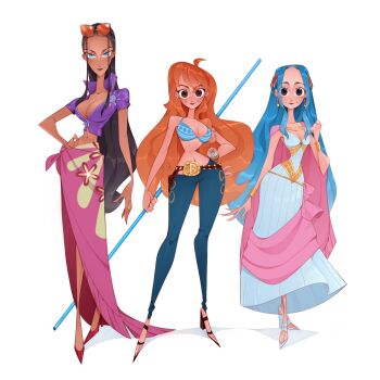 3girls bikini bikini_top_only black_hair blue_hair bluelemondraws breasts brown_eyes cleavage commentary denim dress eyewear_on_head full_body hand_on_own_hip high_collar highres jeans long_hair looking_at_viewer multiple_girls nami_(one_piece) nefertari_vivi nico_robin one_piece orange_hair pants pink_sarong sarong shoes short_sleeves simple_background swimsuit white_background white_shoes