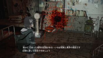 1girl aqua_eyes backpack bag bed black_hair blood chair commentary_request drone fake_screenshot folding_chair hair_ribbon highres holding holding_lead_pipe hood hooded_coat lead_pipe lost_property_control_organization_(samidare) mattress ofuda original protagonist_(lost_property_control_organization) ribbon samidare_(hoshi) short_hair skirt t-6407j_(samidare) translation_request user_interface weighing_scale white_ribbon