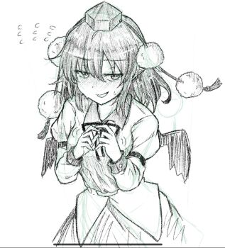 1girl commentary graphite_(medium) greyscale hat highres long_hair looking_at_viewer monochrome oshiaki pointy_ears pom_pom_(clothes) shameimaru_aya shirt skirt smug solo tengu tokin_hat touhou traditional_media wings