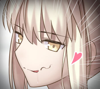 1girl artoria_pendragon_(fate) besmiled blonde_hair close-up commentary_request fate/grand_order fate_(series) grey_background hair_between_eyes heart saber_alter simple_background smile smug solo stray_pubic_hair tongue tongue_out yellow_eyes
