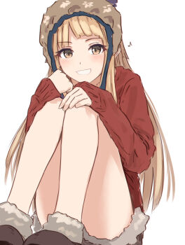 1girl bang_dream! bang_dream!_girls_band_party! black_boots blonde_hair boots brown_hat commentary fur-trimmed_boots fur-trimmed_shorts fur_trim grey_shorts grin hat highres long_sleeves looking_at_viewer red_sweater short_shorts shorts simple_background smile solo sweater tsurumaki_kokoro white_background yellow_eyes yukitake_(bullfalk)