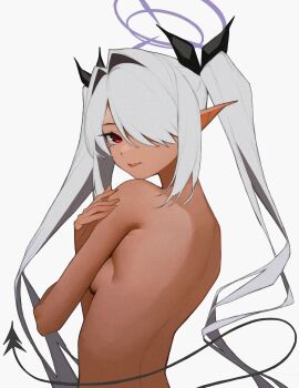 1girl anemoneeanemone black_ribbon blue_archive breasts covering_breasts covering_privates demon_tail from_behind grey_hair hair_intakes hair_over_one_eye hair_ribbon halo highres iori_(blue_archive) long_hair long_pointy_ears looking_at_viewer looking_back medium_breasts nude one_eye_covered pointy_ears purple_halo red_eyes ribbon simple_background smile solo tail twintails upper_body very_long_hair white_background