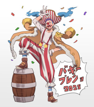 1boy absurdres barrel blue_hair brown_coat brown_shoes buggy_the_clown captain_morgan_pose clown_nose coat commentary_request confetti facepaint facial_hair full_body gloves goatee_stubble hat highres long_hair male_focus ngumngim one_piece open_mouth pants pirate_hat shirt shoes simple_background socks striped_clothes striped_pants striped_socks stubble translation_request twintails v white_gloves white_shirt