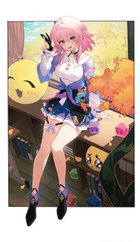 1girl :d absurdres bookshelf breasts camera choker commentary_request earrings emoji full_body gloves hair_between_eyes hand_up highres honkai:_star_rail honkai_(series) indoors jewelry leaf looking_at_viewer march_7th_(honkai:_star_rail) march_7th_(preservation)_(honkai:_star_rail) medium_breasts medium_hair momo_anzu multicolored_eyes off_shoulder open_mouth overskirt pink_hair pleated_skirt shirt shoes single_earring sitting skirt smile thigh_strap tree two-tone_eyes