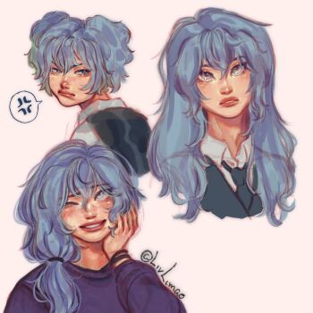 1boy ansatsu_kyoushitsu bishounen blue_eyes blue_hair blush collared_shirt kunugigaoka_middle_school_uniform livlimao long_hair looking_at_viewer male_focus necktie school_uniform shiota_nagisa shirt short_hair short_twintails simple_background smile trap twintails vest white_background white_shirt