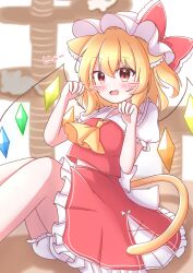 Rule 34 | 1girl, absurdres, ako oekaki, animal ear fluff, animal ears, ascot, blonde hair, blush, bow, cat ears, cat girl, cat tail, crystal wings, dot nose, drawn whiskers, fang, feet out of frame, flandre scarlet, frilled bow, frilled hat, frilled shirt collar, frilled skirt, frilled sleeves, frills, hair between eyes, hands up, hat, hat bow, highres, kemonomimi mode, knees up, looking at viewer, medium hair, mob cap, open mouth, paw pose, puffy short sleeves, puffy sleeves, raised eyebrow, red bow, red eyes, red skirt, red vest, shirt, short sleeves, sitting, skirt, solo, sound effects, tail, touhou, vest, white hat, white shirt, yellow ascot, yellow tail