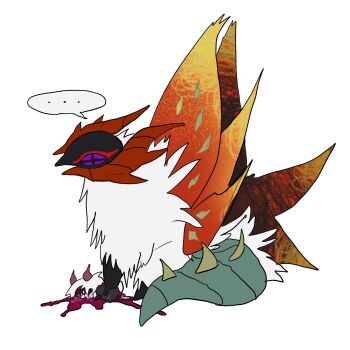 ... blood colored_sclera corpse death full_body gen_5_pokemon green_tail highres kamikiririp larvesta nintendo pokemon pokemon_(creature) purple_sclera sitting slither_wing white_background white_fur wings