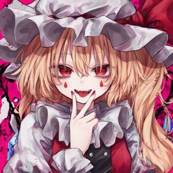 1girl ascot blonde_hair collar crystal crystal_wings fang fangs flandre_scarlet frilled_collar frilled_shirt_collar frills hair_between_eyes hat hat_ribbon long_hair looking_at_viewer mob_cap open_mouth puffy_sleeves red_eyes red_ribbon ribbon shirt side_ponytail simple_background smile solo tattoo teardrop_facial_mark teardrop_tattoo tongue tongue_out touhou upper_body v wgremory white_hat wings