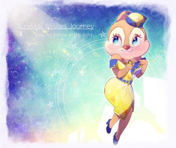 Rule 34 | 1girl, blue eyes, brooch, chipmunk ears, chipmunk girl, clarice (disney), disney, dress, english text, eyelashes, full body, high heels, highres, jewelry, looking at viewer, mickey mouse &amp; friends, rl10 02, solo, strapless, strapless dress, yellow dress