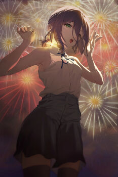 1girl absurdres aerial_fireworks applepie_(12711019) black_choker black_ribbon black_shorts black_thighhighs chainsaw_man choker fireworks green_eyes grenade_pin highres imminent_explosion neck_ribbon night open_mouth outdoors purple_hair reze_(chainsaw_man) ribbon shirt shorts sleeveless sleeveless_shirt solo thighhighs