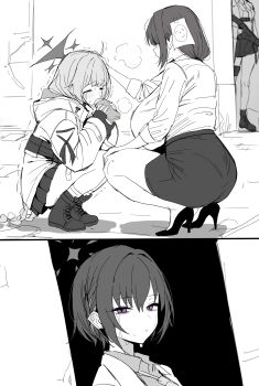 3girls absurdres blue_archive blush breasts commentary_request doodle_sensei_(blue_archive) female_sensei_(blue_archive) female_sensei_(blue_archive)_(xipa) food greyscale gun halo highres holding holding_food holding_gun holding_weapon huge_breasts jacket long_sleeves maia_(blue_archive) monochrome multiple_girls sensei_(blue_archive) shirt shoes short_hair skirt squatting subaru_(blue_archive) tears weapon xipa