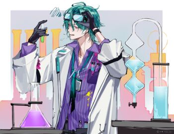 1boy absurdres beaker black_gloves elias_delborne eyewear_on_head first_stage_production glasses gloves green_hair hand_on_headwear highres hnzw_kun holding jacket liquid looking_at_object loose_necktie male_focus necktie purple_eyes purple_shirt scientist shirt solo white_jacket
