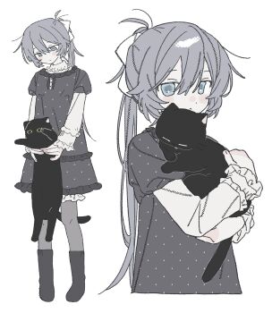 1girl :&lt; absurdres animal animal_hug black_cat black_dress black_shoes blue_eyes blush bow cat dress frills grey_hair hair_between_eyes hair_bow highres layered_dress long_hair long_sleeves looking_at_viewer multiple_views nnyoe original pantyhose polka_dot shoes simple_background white_background white_bow