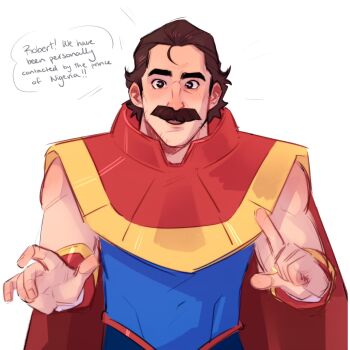 1boy beard biceps cape commentary dispatch english_commentary english_text facial_hair highres looking_at_viewer male_focus muscular muscular_male noodles-and-tea open_mouth phenomaman_(dispatch) red_cape smile speech_bubble superhero_costume swept_bangs