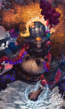 1boy absurdres beard black_hair black_pants body_hair cape clenched_hand facial_hair fat fat_man fur_cape hat hat_feather highres long_beard male_focus marshall_d._teach one_piece open_mouth pants pirate pirate_hat skull_and_crossbones solo teeth wafalo yellow_cape