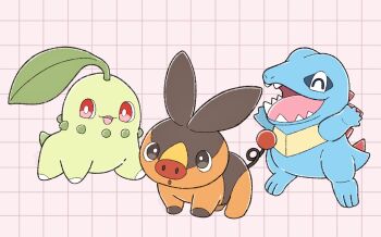 Rule 34 | black eyes, bright pupils, chikorita, commentary request, full body, gen 2 pokemon, gen 5 pokemon, grid background, happy, highres, nintendo, no humans, nostrils, open mouth, pokemon, pokemon (creature), red eyes, tepig, totodile, waltz (wal w wal), white pupils