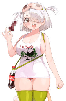 animal_print areola_slip bear_print boned_meat bottle breasts brown_eyes cleavage coca-cola commentary commission conto cowboy_shot dress english_commentary english_text fingernails food green_nails green_thighhighs hair_over_one_eye hand_up highres holding holding_food i_heart... large_breasts long_shirt mask mask_on_head meat microdress nail_polish original panda_print pixiv_commission print_shirt shirt short_hair sideboob sleep_mask sleeveless sleeveless_dress soda soda_bottle tail tank_top teeth thighhighs translucent_hair two_side_up upper_teeth_only white_hair white_tank_top