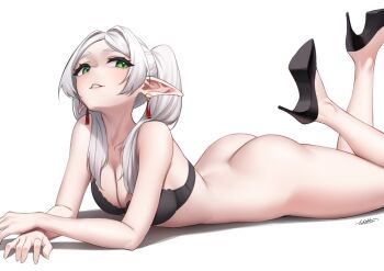 1girl artist_name ass black_bra black_shoes bottomless bra breasts cleavage commentary earrings elf english_commentary frieren green_eyes high_heels highres jewelry long_hair long_pointy_ears looking_to_the_side lying medium_breasts meme no_panties on_stomach parted_bangs parted_lips pointy_ears see-through_clothes shoes solo sousou_no_frieren stiletto_heels tassel tassel_earrings thighs twintails underwear upward_angle_frieren_drawing_(meme) white_background white_hair whitter