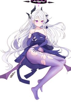 1girl absurdres black_halo black_horns blue_archive breasts demon_horns demon_wings dress earrings elbow_gloves evening_gown floating_earrings gloves hair_down halo highres hina_(blue_archive) hina_(dress)_(blue_archive) horns jewelry long_hair multiple_horns nanbugin official_alternate_costume official_alternate_hairstyle panties panties_under_pantyhose pantyhose purple_dress purple_eyes purple_gloves purple_panties purple_wings small_breasts solo strapless strapless_dress torn_clothes torn_dress torn_pantyhose underwear very_long_hair white_hair wings