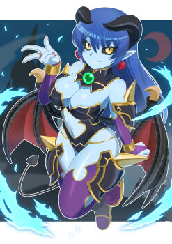 1girl absurdres astaroth_(shinrabanshou) bare_shoulders black_leotard black_sclera blue_fire breasts cleavage clothing_cutout colored_sclera demon_girl demon_horns demon_wings earrings fire full_body heart heart_earrings highres horns jewelry leotard parted_lips pointy_ears shinrabanshou smile solo stomach_cutout strapless strapless_leotard wings yamamoto_zetta yellow_eyes