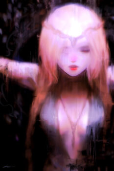 1girl alex_chow armlet bare_shoulders blonde_hair breasts cleavage commentary diadem dress elden_ring english_commentary gold_diadem hair_over_one_eye highres jewelry long_hair looking_at_viewer necklace pinup_(style) portrait queen queen_marika_the_eternal solo yellow_eyes